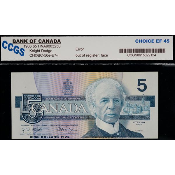 Error Note;  1986 $5 BC-56e-E7-i #HNA9003250, CCCS Choice Choice Extra Fine-45.  Out of register: Fa