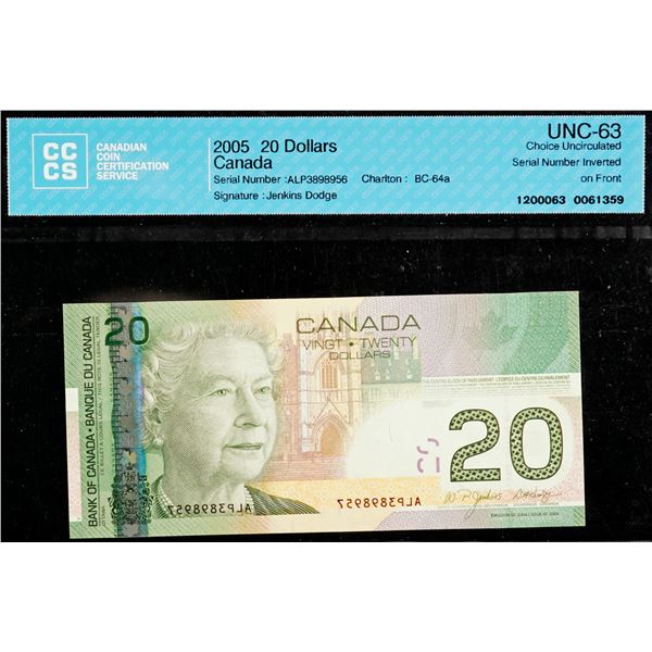 Error Note;  2005 $20 BC-64a #ALP3898956, Serial Number Inverted on Front, CCCS Choice Uncirculated-
