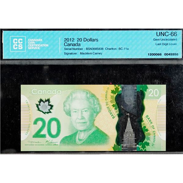 Error Note;  2012 $20 BC-71a #BSN3685838, Last Digit Lower, CCCS Superb Gem Uncirculated-66.