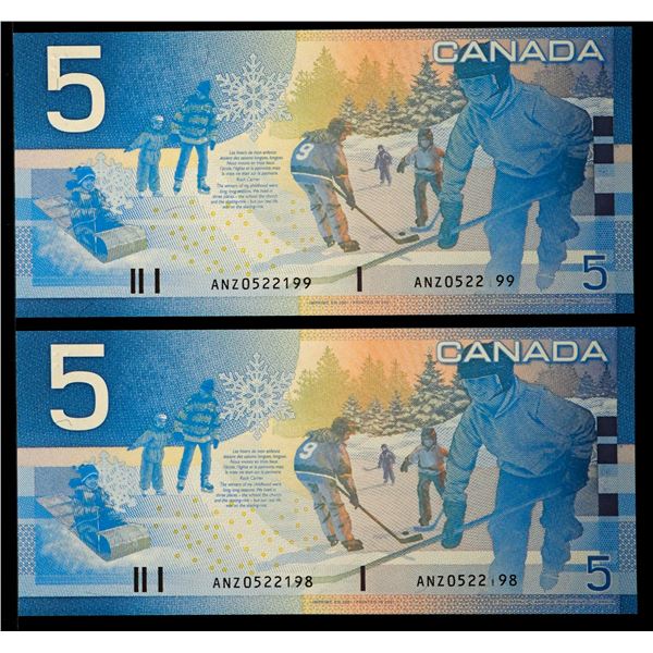 Error Note; 2001 $5 BC-62a #ANZ0522198-199 Partial Digit Serial Number, both UNC or better.