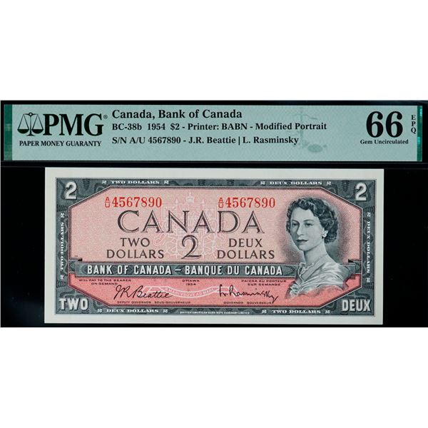Ladder;1954 $2 BC-38b N2-ii #A/U 4567890 PMG Gem Uncirculated-66 EPQ