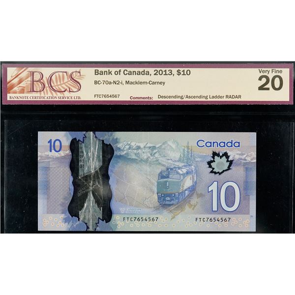 Ladder Note;  2013 $10 #FTC7654567, BCS Very Fine-20.  Ascending/Descending Ladder example.