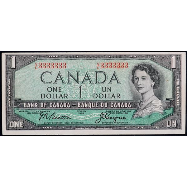 Solid Number;  1954 $1 BC-37a #VL3333333, LCG Extra Fine-40.  A scarcer 1954 solid number issue.