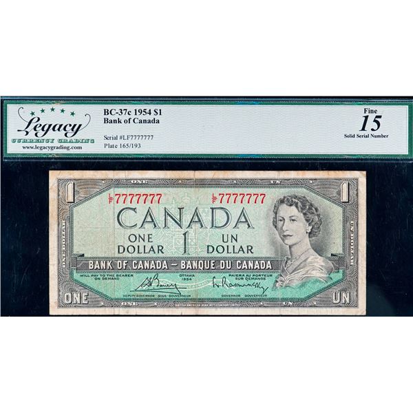 Solid Number;  1954 $1 BC-37c #LF7777777, LCG Choice Fine-15 w/issues.