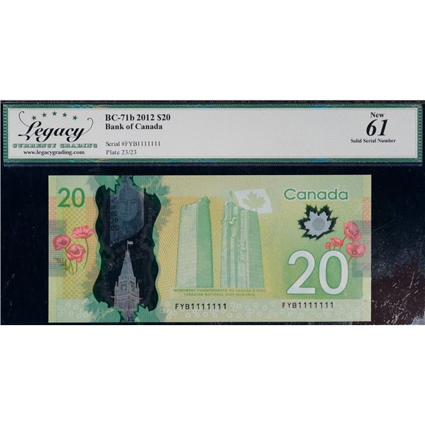 Solid Number;  2012 $20 BC-71b #FYB1111111, LCG Uncirculated-61.  Edge Cut at Top Right.