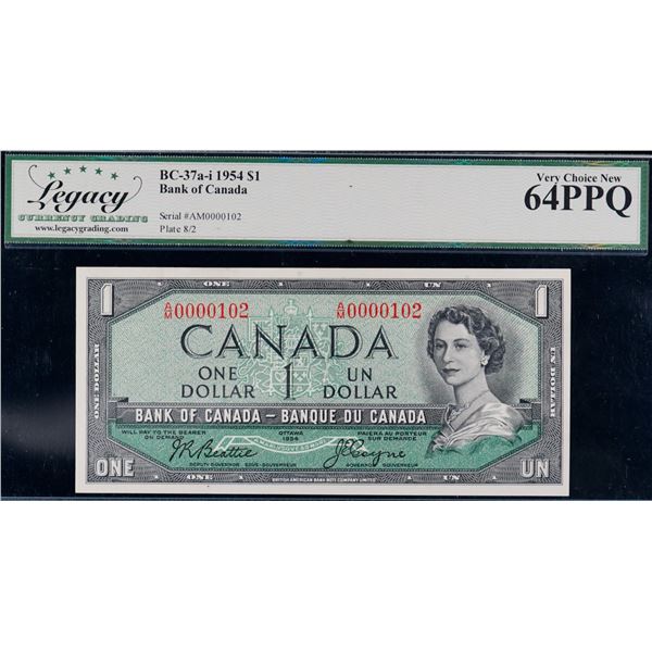 Low Number; 1954 $1 BC-37a-i #A/M0000102 LCG Choice Uncirculated-64PPQ