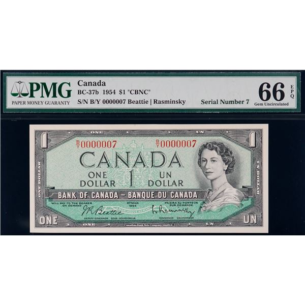 Low Number; 1954 $1 BC-37b N5-ii #B/Y 0000007 PMG Gem Uncirculated-66 EPQ