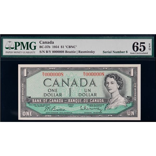 Low Number; 1954 $1 BC-37b N5-ii #B/Y 0000008 PMG Gem Uncirculated-65 EPQ