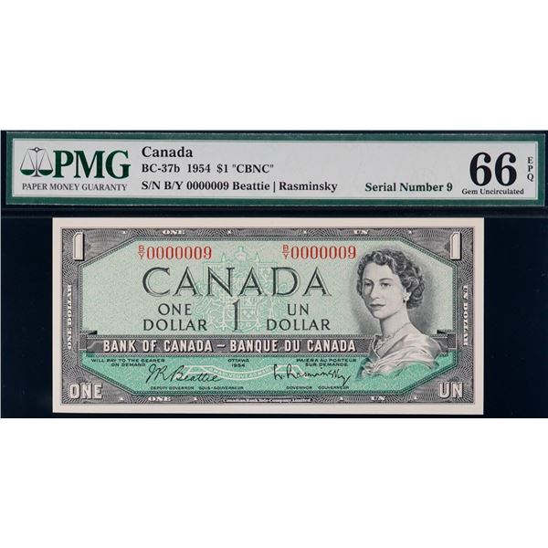 Low Number; 1954 $1 BC-37b N5-ii #B/Y 0000009 PMG Gem Uncirculated-66 EPQ