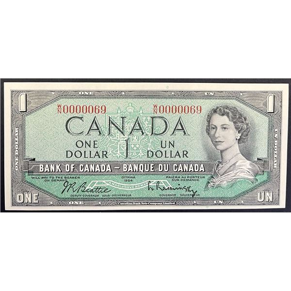 Low Number; 1954 $1 BC-37b #W/N0000069 Choice Uncirculated.