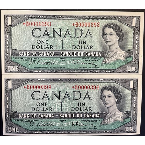 Low numbers; 1954 $1 BC-37bA-i #*B/M0000393-394, Lot of 2 consecutive notes.  AU-UNC or better.