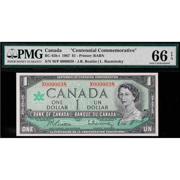 Changeover Low Number; 1967 $1 BC-45b-i N5-iii #M/P 0000038 PMG Gem Uncirculated-66 EPQ