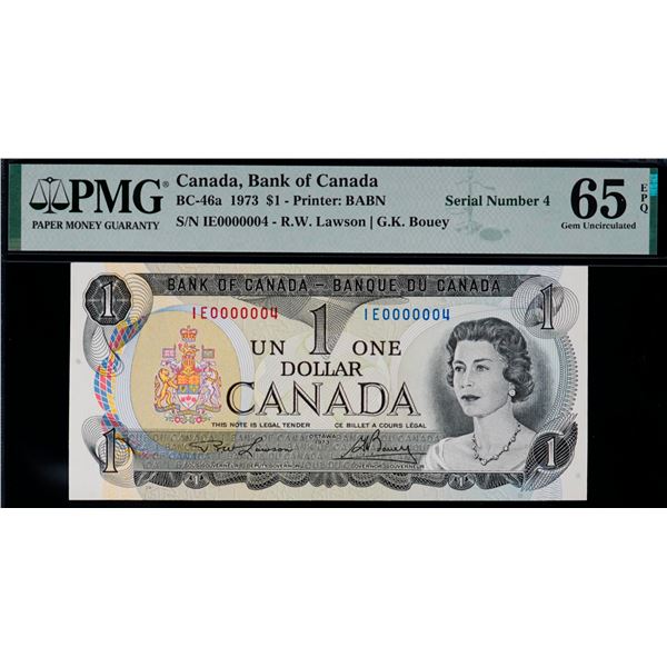 Low Number; 1973 $1 BC-46a N5-ii #IE 0000004 PMG Gem Uncirculated-65 EPQ