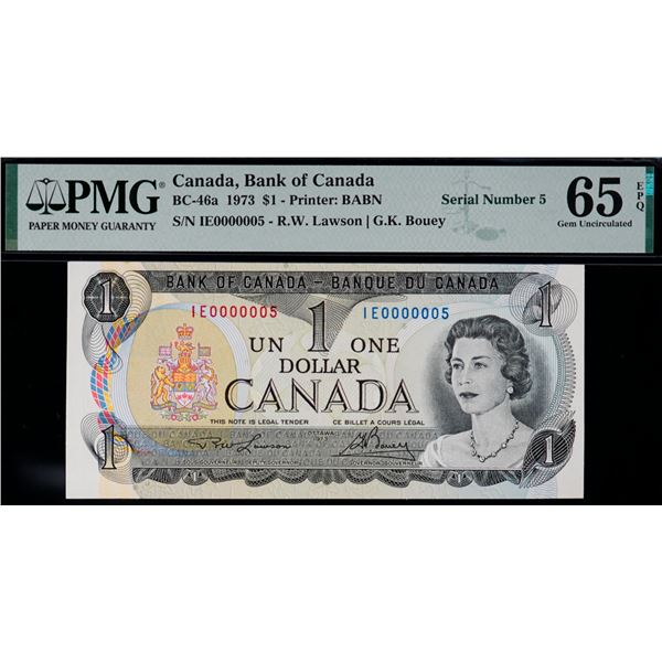 Low Number; 1973 $1 BC-46a N5-ii #IE 0000005 PMG Gem Uncirculated-65 EPQ