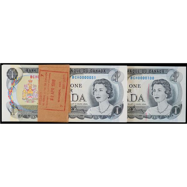 Low Numbers; Original Bundle of 1973 $1 BC-46b #BCH0000051-100.  All consecutive 50 notes are Gem or