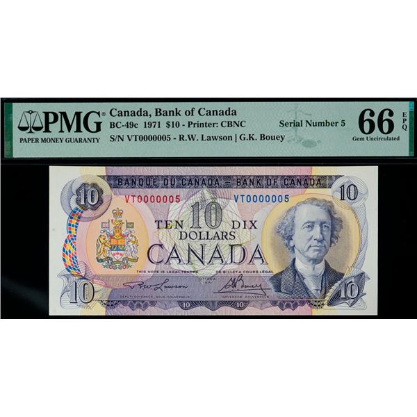 Low Number; 1971 $10 BC-49c N5-ii #VT 0000005 PMG Gem Uncirculated-66 EPQ