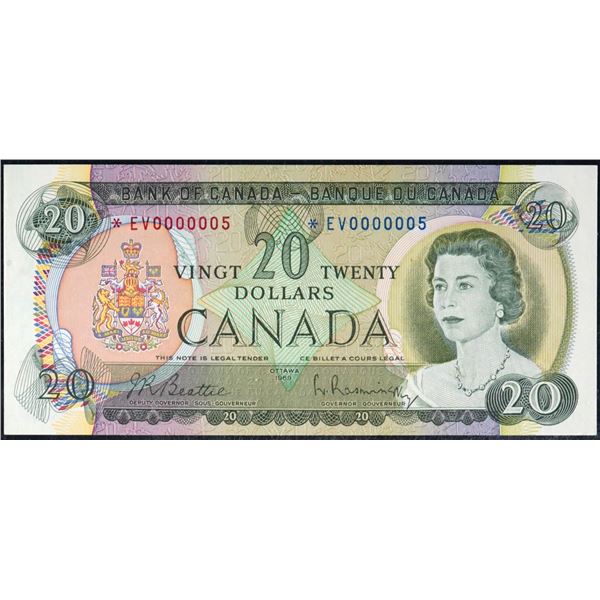 Low Number; 1969 $20 BC-50aA #*EV0000005 BCS Choice About Uncirculated-58 Original.  Scarce replacem