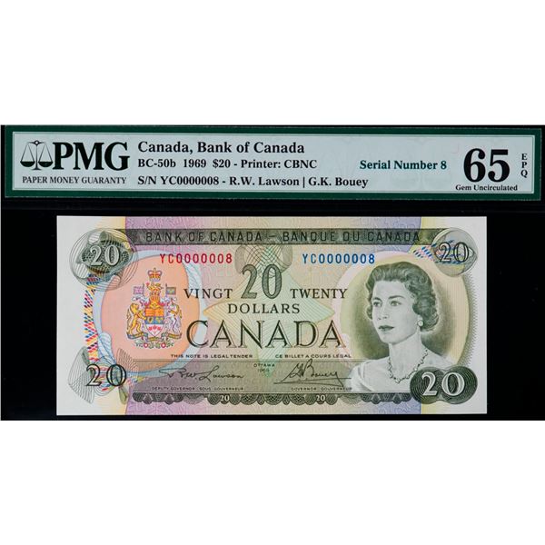 Low Number; 1969 $20 BC-50b N5-ii #YC 0000008 PMG Gem Uncirculated-65 EPQ
