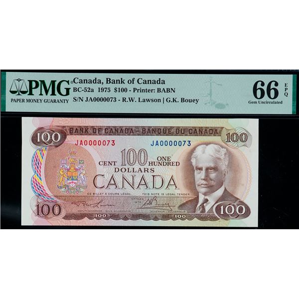 Low Number; 1975 $100 BC-52a #JA0000073 PMG Superb Gem Uncirculated-66EPQ