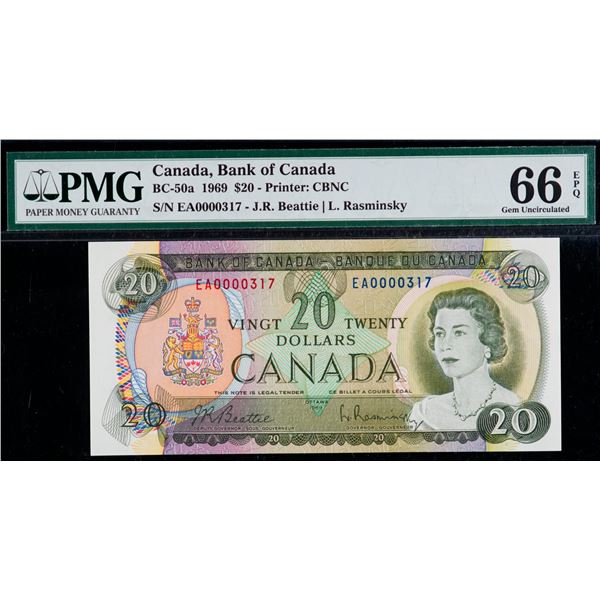 Low Serial Number;  1969 $20 BC-50a #EA0000317, PMG Superb Gem Uncirculated-66EPQ.