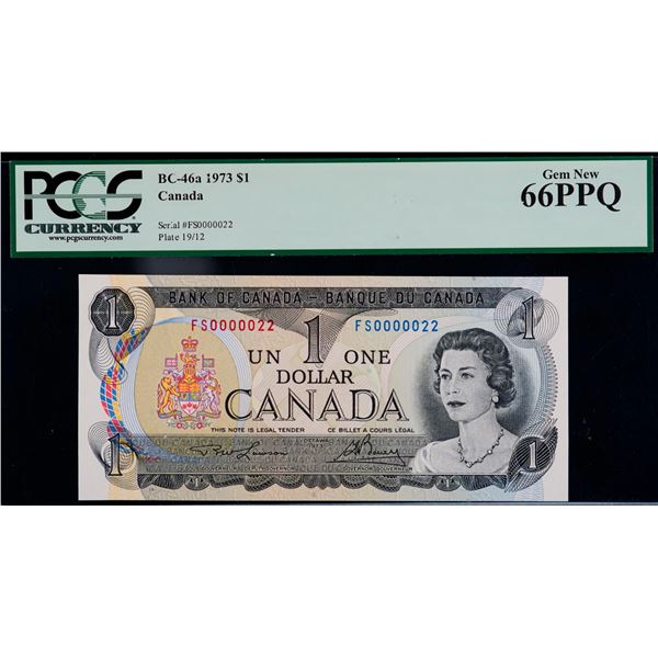 Low Serial Number;  1973 $1 BC-46a #FS0000022, PCGS Superb Gem Uncirculated-66PPQ.