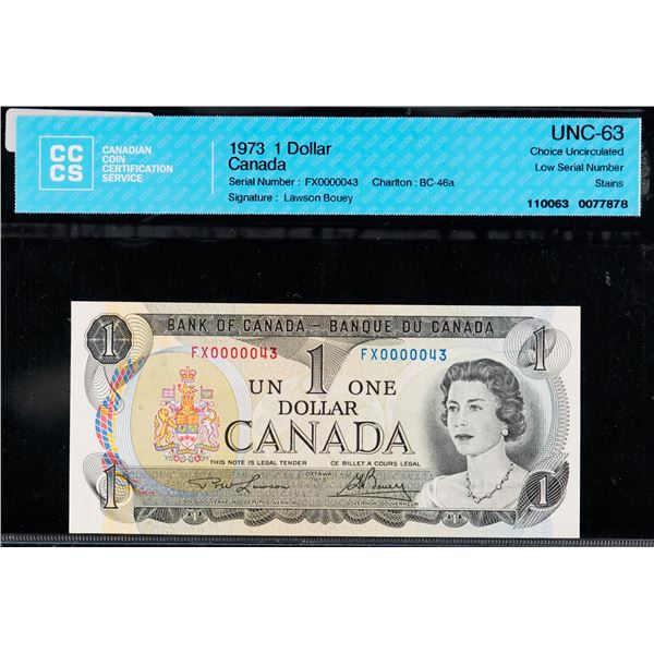 Low Serial Number;  1973 $1 BC-46a #FX0000043, CCCS Choice Uncirculated-63.