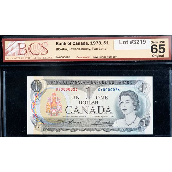 Low Serial Number;  1973 $1 BC-46a #GY0000026, BCS Gem Uncirculated-65.