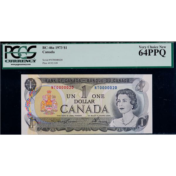 Low Serial Number;  1973 $1 BC-46a #NT0000020, PCGS Choice Uncirculated-64PPQ.