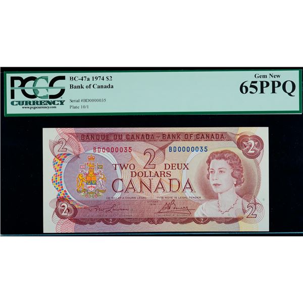 Low Serial Number;  1974 $2 BC-47a #BD0000035, PCGS Gem Uncirculated-65PPQ.