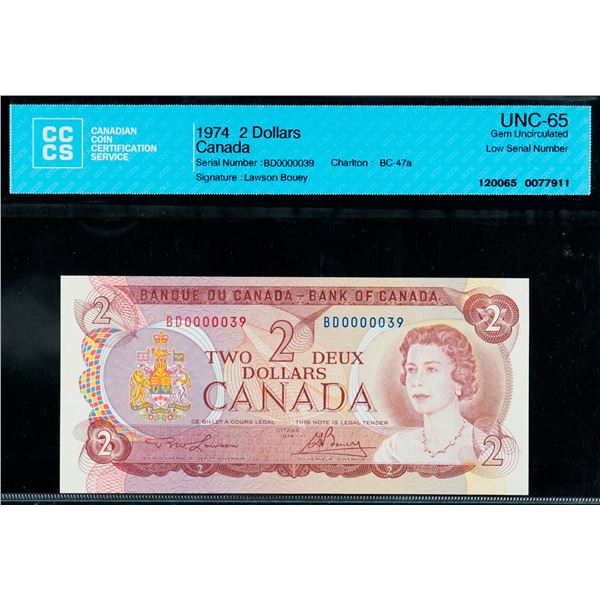 Low Serial Number;  1974 $2 BC-47a #BD0000039, CCCS Gem Uncirculated-65.