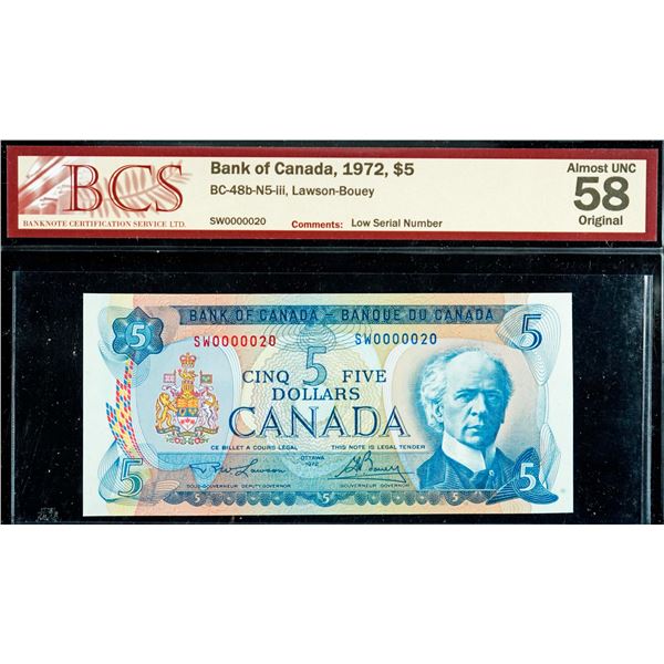 Low Serial Number;  1972 $5 BC-48b-N5-iii #SW0000020, BCS Choice About Uncirculated-58 Original.