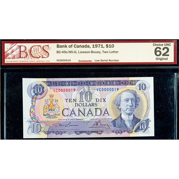 Low Serial Number;  1971 $10 BC-49c-N5-iii #VC0000019, BCS Choice Uncirculated-62 Original.