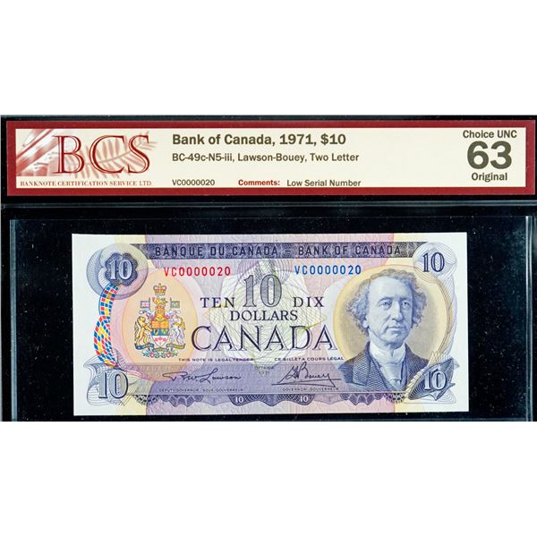 Low Serial Number;  1971 $10 BC-49c-N5-iii #VC0000020, BCS Choice Uncirculated-63 Original.