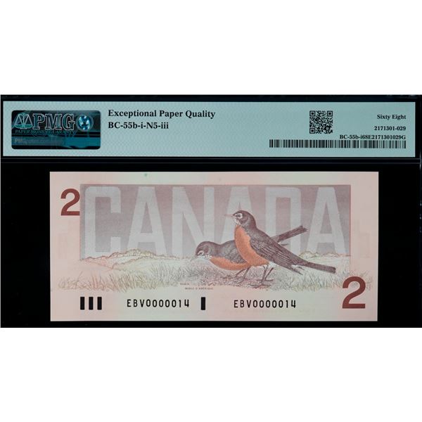 Low Number; 1986 $2 BC-55b N5-iii #EBV 0000014 PMG Superb Gem Uncirculated-68 EPQ