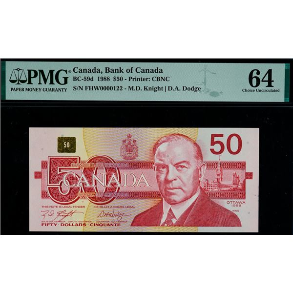 Low Serial Number;  1988 $50 BC-59d #FHW0000122, PMG Choice Uncirculated-64.