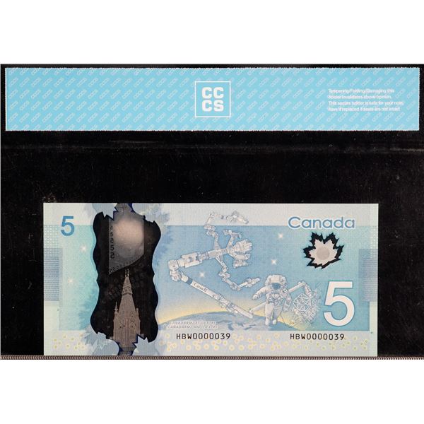 Low Serial Number;  2013 $5 BC69b #HBW0000039, CCCS Superb Gem Uncirculated-66.