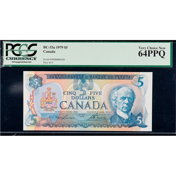 Low Serial Number; 1979 $5 BC-53a #30000000100 PCGS Choice Uncirculated-64PPQ.