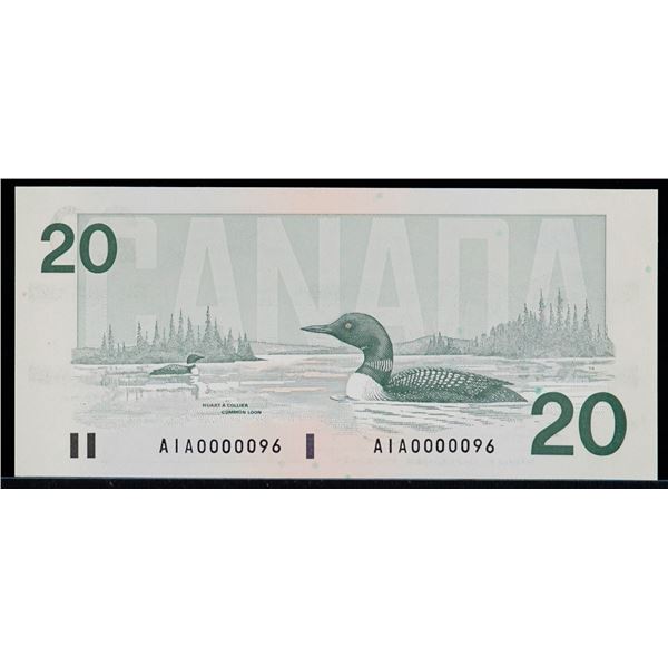 Low Serial Number; 1991 $20BC-58a-ii #AIA0000096 UNC or better.