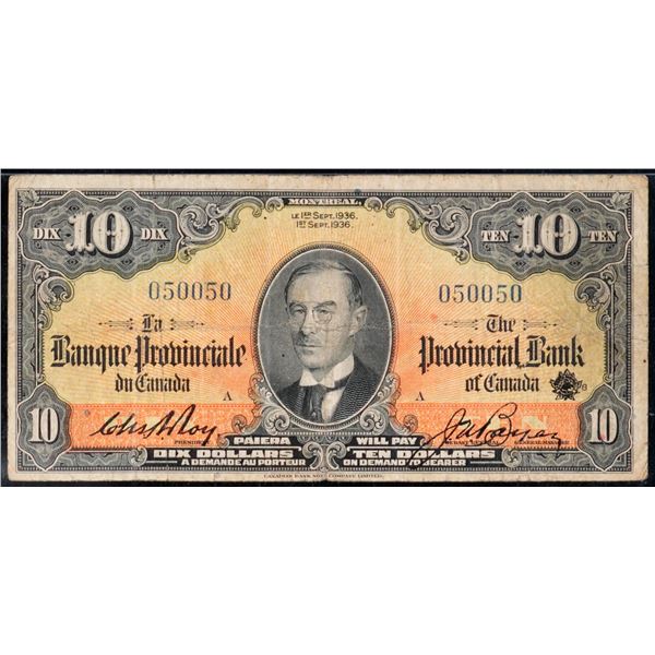 RADAR; La Banque Provinciale 1936 $10 #050050 PMG Very Fine-20
