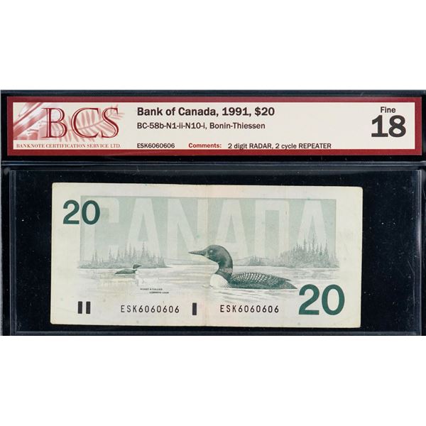 RADAR & REPEATER; 1991 $20 BC-58b-Nii-N10-i #ESK6060606 BCS F18 "2 Digit Radar & 2 cycle Repeater