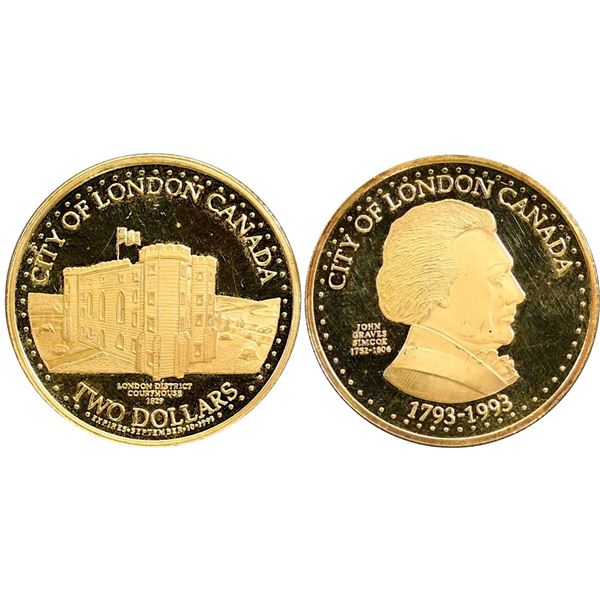 Canada; London, Ontario 1793-1993 $2 Gold City of London, Canada. Rev; London district Court House, 