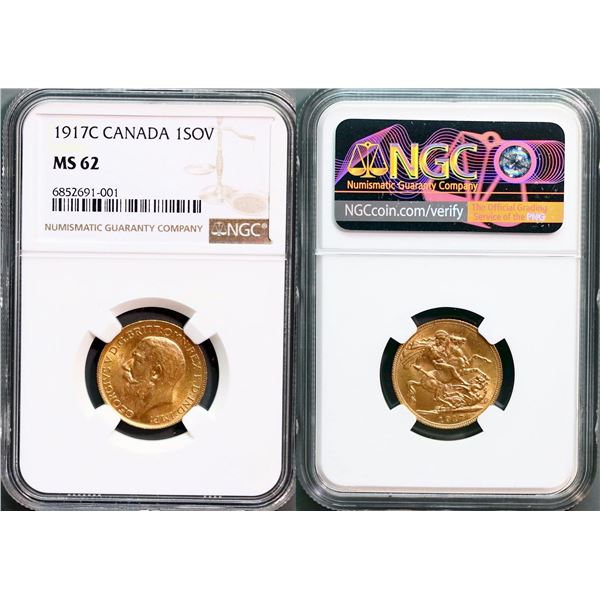 1917 Gold Sovereign, NGC Choice Mint State-62.  Lustrous