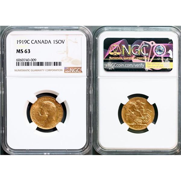 1919c Gold overeign, NGC Choice Mint State-62.  Appealing well struck example.