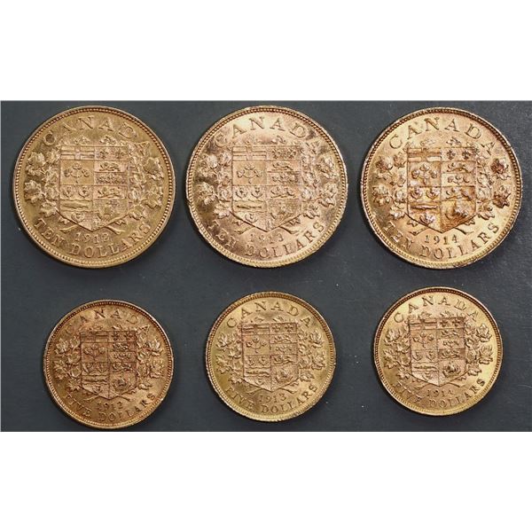 Gold 6-Coin Set. 1912-1914 $5 & $10 Original lustrous set! All coins are nice and attractive.  Grade