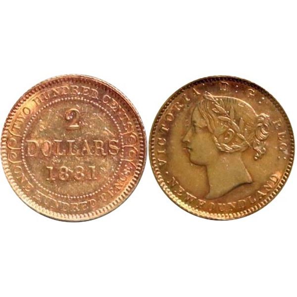 Nfld $2 Gold 1881 ICCS About Uncirculated-50.  Strong peripheral lustres.