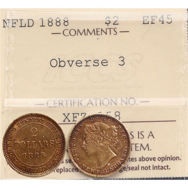 Nfld $2 Gold 1888 Obv.2  ICCS Choice Extra Fine-45