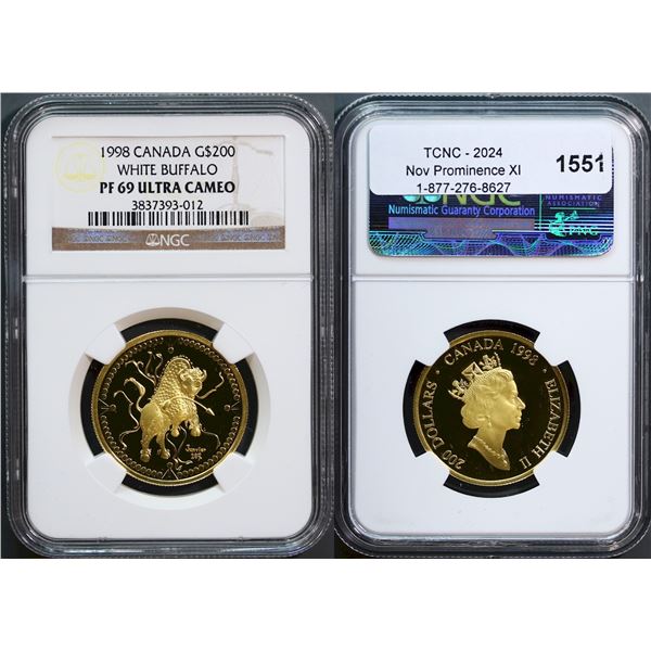 1998 $200 Gold White Buffalo, NGC Splendid PROOF-69 Ultra Cameo.