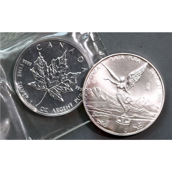 1990 $5 SML & Mexico 2012 1oz silver coin.  Lot of 2 Pure Silver coins.  Tax Exempt.