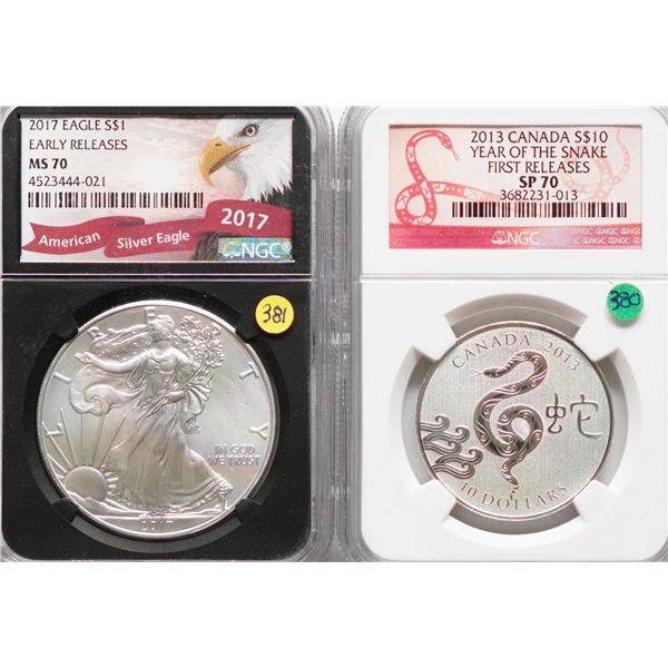 2013 $10 Snake NGC PERFECT SPECIMEN-70 & USA 2017 $1 Eagle NGC PERFECT Mint State-70.  Lot of 2 coin