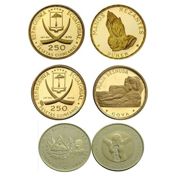 Republic Guinea Ecuatorial;  1970 250 Pesetas La Maja Desnuda, Praying Hands) & Salvador 1971 25 Col